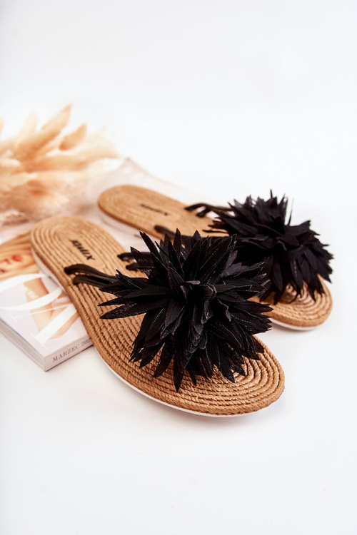 Damskie Klapki Japonki Z Materiałową Ozdobą Czarne Eviana