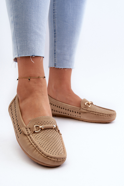 Mokasyny Damskie Ażurowe Z Ozdobą Brązowe Kaydance