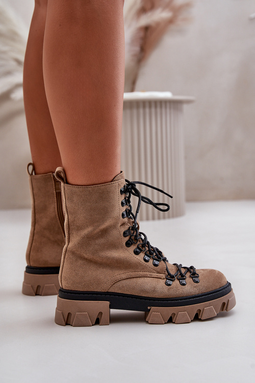 Ocieplane Zamszowe Botki Workery Wiązane Brązowe Pierro