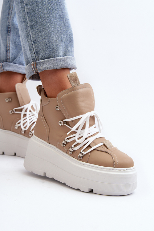 Zazoo 3416 Skórzane Damskie Buty Sportowe Beżowe