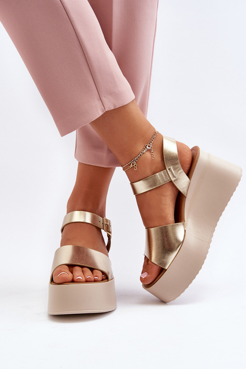 Damskie Sandały Na Koturnie Złote Geferia