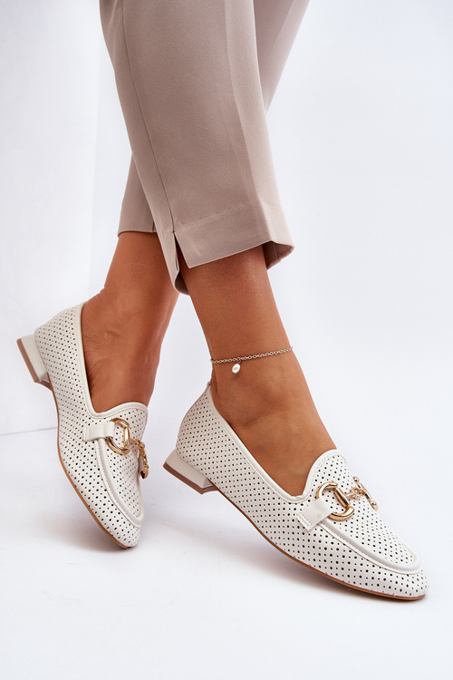 Mokasyny Damskie Na Płaskim Obcasie Z Ozdobą Białe Iluvana