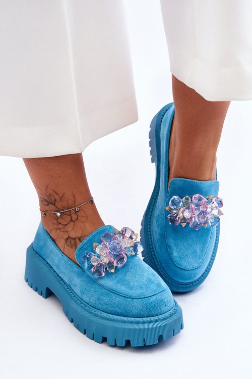 Damskie Mokasyny Z Ozdobnymi Kryształami Niebieskie Avril