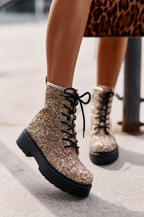 Ocieplane Botki Workery Damskie Ozdobione Cekinami Złote Liatheine