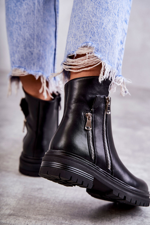 Damskie Skórzane Botki Na Suwak Czarne Navarra