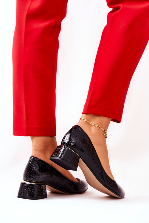 Skórzane Wężowe Czółenka Lewski 3118 Czarne