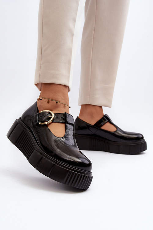 Zazoo 20102 Modne Lakierowane Półbuty Na Masywnej Platformie Czarne