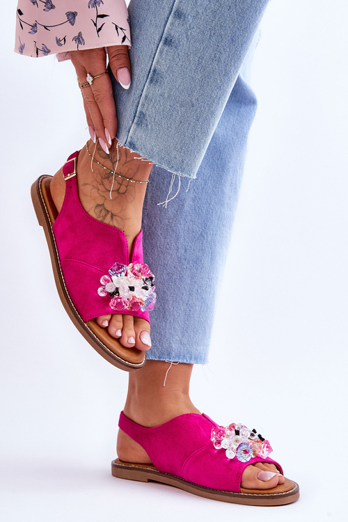 Damskie Zamszowe Sandały Z Kamieniami Fuksja Mersea