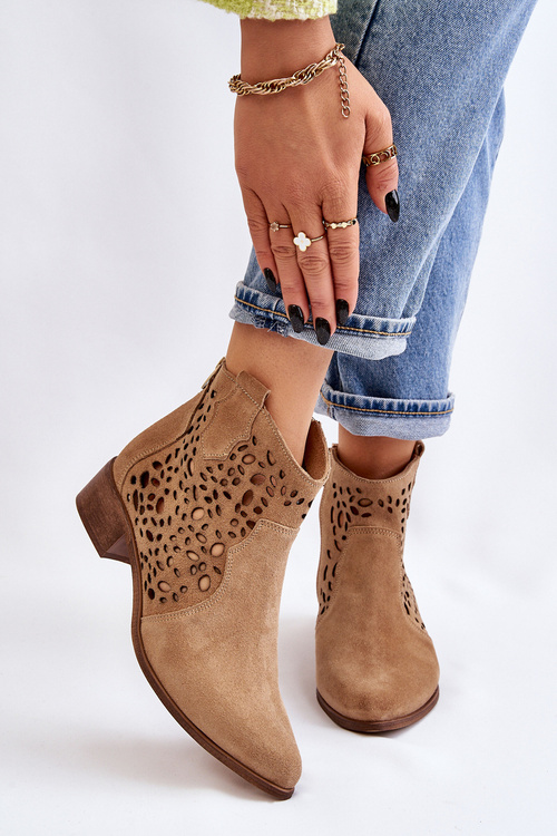 Damskie Ażurowe Botki Lewski Shoes 2909 Ciemnobeżowe