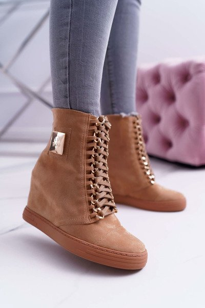 Damskie Trampki Lu Boo Złoty Łańcuch Zamsz Camel Monica
