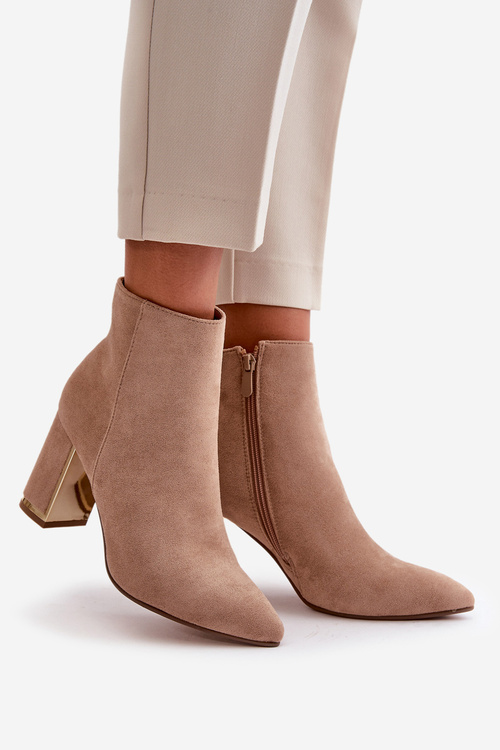 Botki Damskie Na Słupku Zapinane Na Zamek Ocieplane Eko Zamszowe Jasnobrązowe Mevair