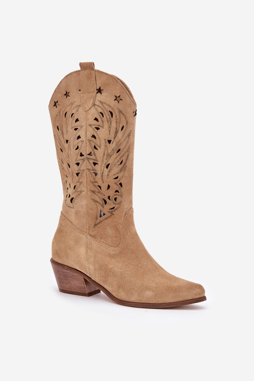 Zamszowe Kozaki Z Ażurową Cholewką Zazoo 3714 Beżowe