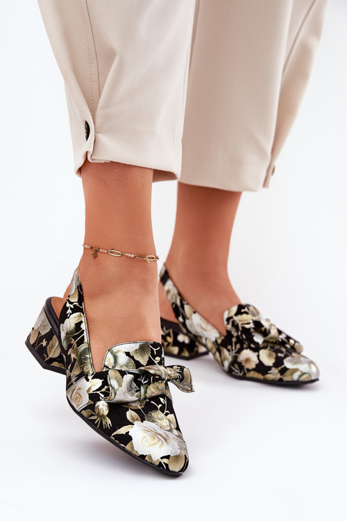 Skórzane Czółenka W Kwiaty Z Kokardą N6539-44 Czarne