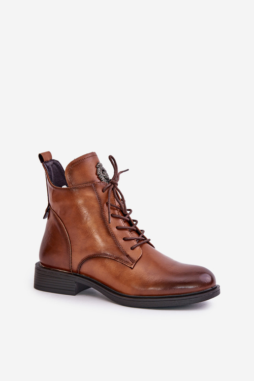 Ocieplane Botki Na Płaskim Obcasie Z Ozdobą Camel Leonise