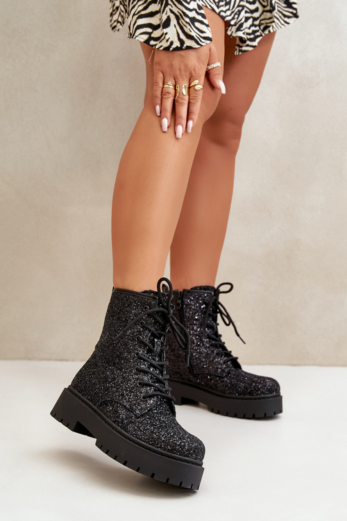 Ocieplane Botki Workery Damskie Ozdobione Cekinami Czarne Liatheine