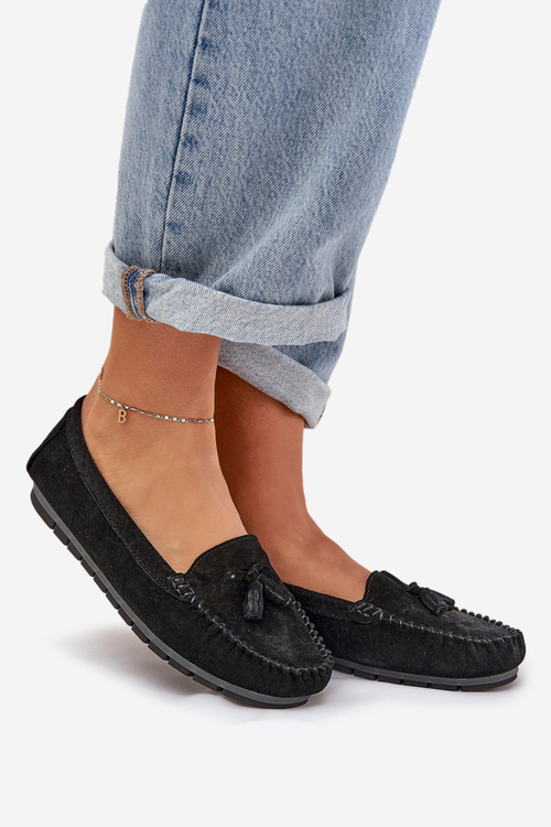 Damskie Płaskie Klasyczne Zamszowe Mokasyny S.Barski LR51-548 Czarne