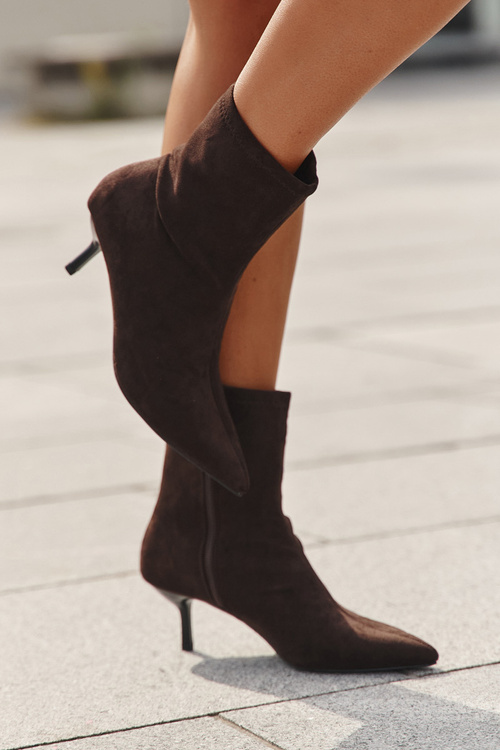 Ocieplane Botki Damskie Na Szpilce Eko Zamszowe Czekoladowe Belisse