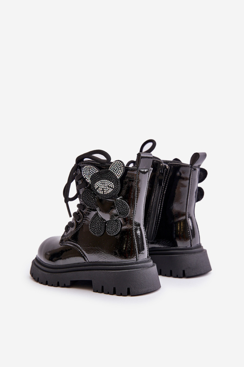 Ocieplane Botki Dziewczęce Z Misiem Na Zamek Lakierowane Czarne Relobia