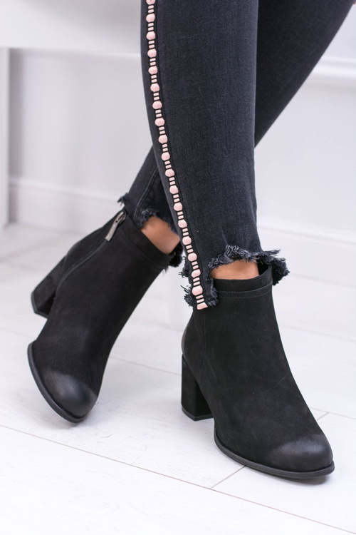 Damskie Czarne Skórzane Botki Na Słupku Nicole