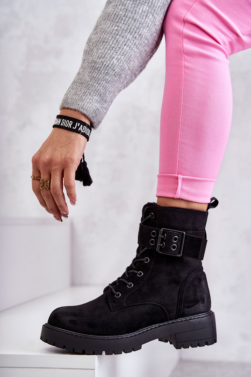 Damskie Botki Zamszowe Sznurowane Na Płaskim Obcasie Czarne Firmina