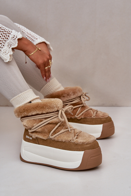 Skórzane Śniegowce Damskie Na Grubej Podeszwie Z Futerkiem Big Star OO274A207 Brązowe