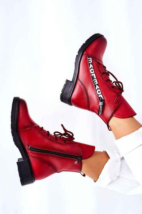 Skórzane Botki Z Ozdobnym Suwakiem Czerwone Lomissa