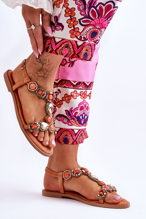 Zamszowe Płaskie Sandały Z Kamieniami Pomarańczowe Dallas