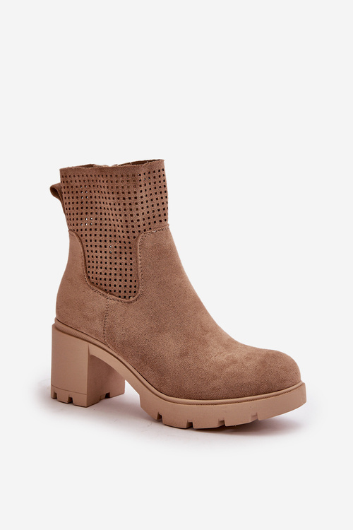 Botki Damskie Na Słupku Zapinane Na Zamek Eko Zamszowe Beżowe Rashmi