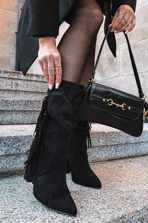 Botki Damskie Na Słupku Z Frędzlami I Marszczeniem Ocieplane Czarne Darlina