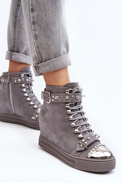 Ocieplane Botki Na Koturnie Z Dżetami Zamszowe Lu Boo Szare
