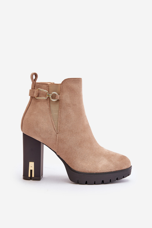 Ocieplane Botki Damskie Na Wysokim Obcasie Słupku Beżowe Terisanna