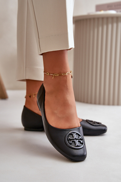 Baleriny Damskie Z Ozdobą Eko Skórzane Czarne Rhodike