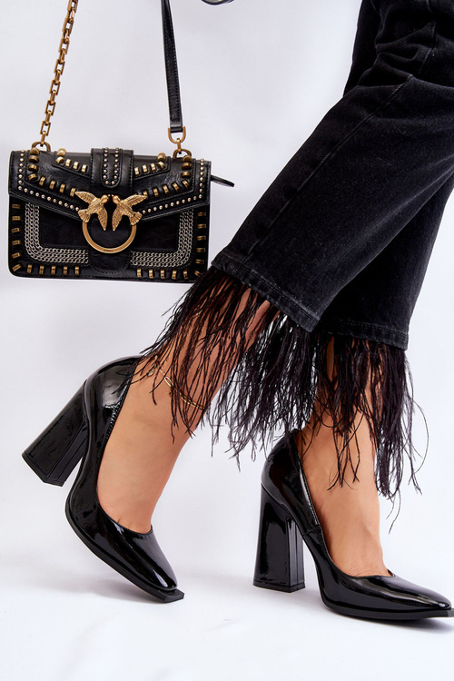 Modne Lakierowane Czółenka Na Słupku Czarne Mysterious