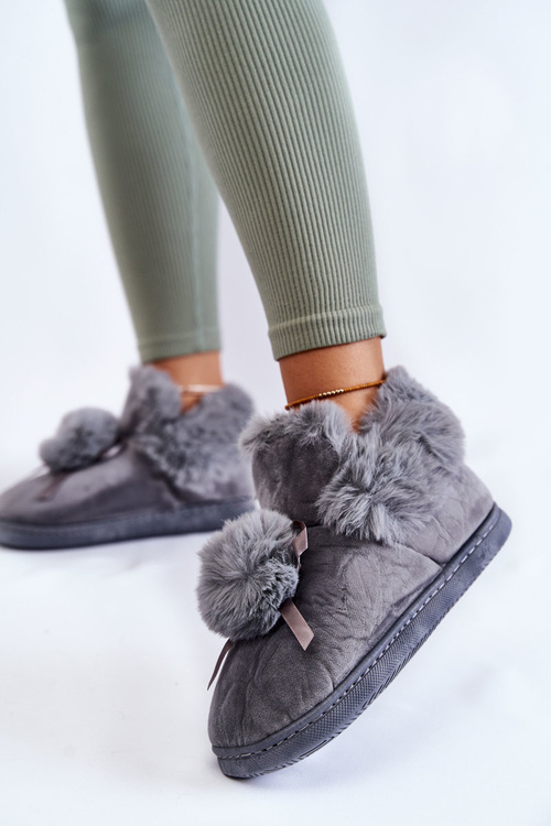 Damskie Wsuwane Futrzane Papcie Z Pomponem Szare Noemi