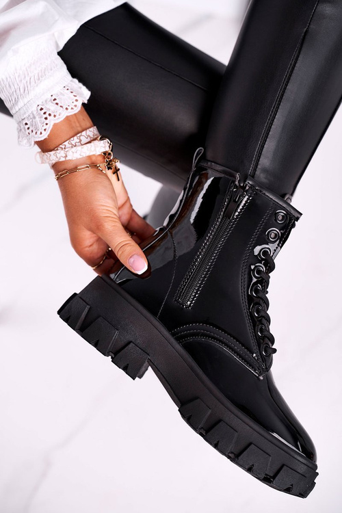 Botki Damskie Lakierowane Trapery Czarne Linzo