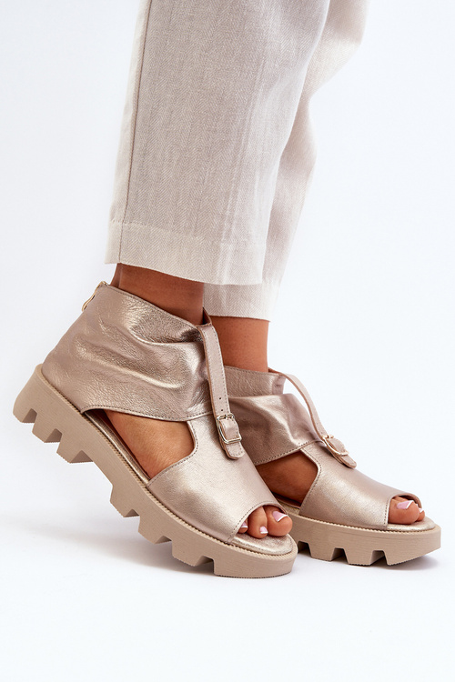 Zazoo 999 Skórzane Sandały Damskie Z Zamkiem Złote