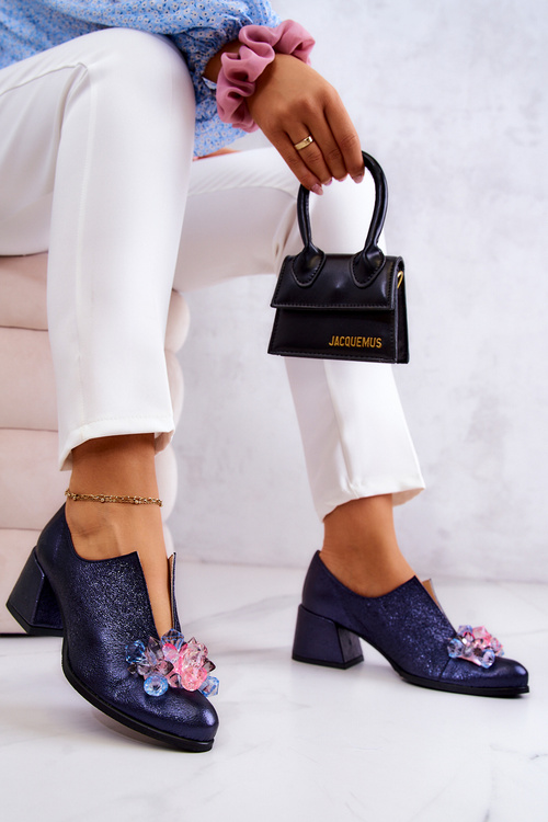 Skórzane Półbuty Metaliczne Z Ozdobą Granatowe Delaver