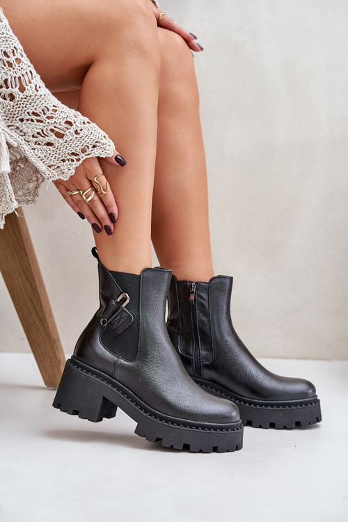 Zazoo 60490 Skórzane Ocieplane Botki Z Ozdobą Czarne