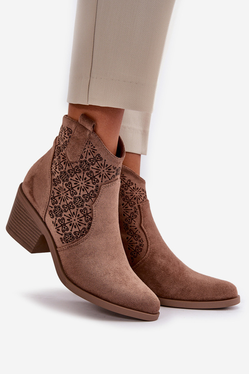 Ażurowe Botki Kowbojki Na Zamek Eko Zamszowe Brązowe S.Barski HY42-944