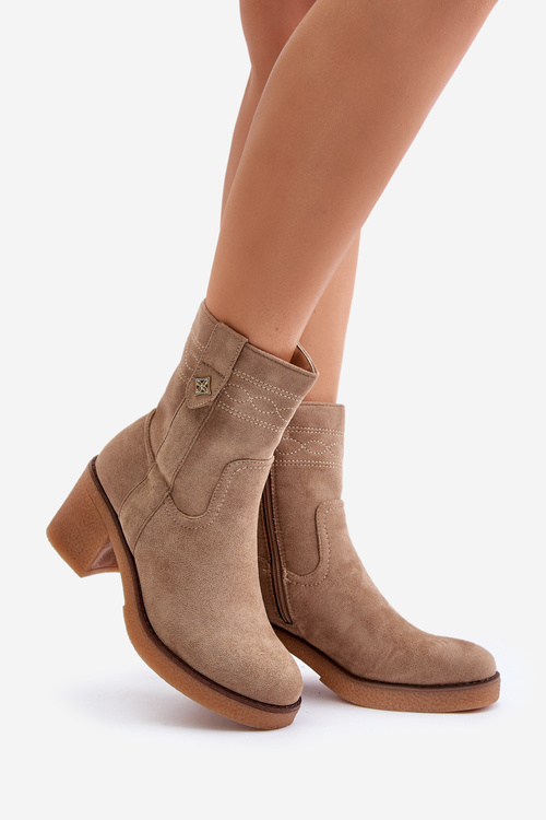 Ocieplane Botki Damskie Na Obcasie Słupku Beżowe Vailia