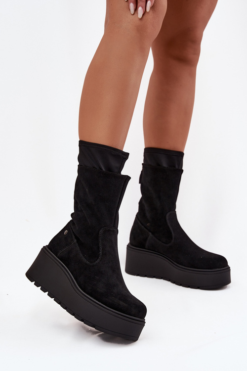 Damskie Skórzane Zamszowe Botki Na Masywnej Platformie Maciejka A7161-20 Czarne