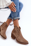 Zamszowe Ażurowe Botki Kowbojki D&A SN622-21 Ciemnobeżowe