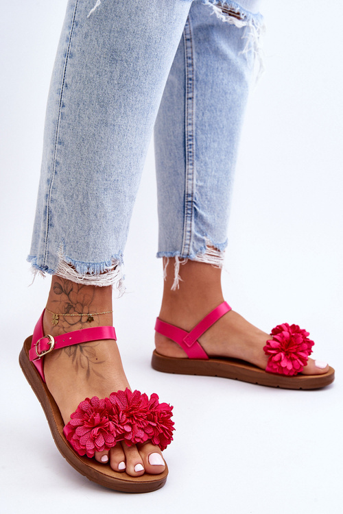 Damskie Sandały Z Materiałowymi Kwiatami Fuksja Fiori
