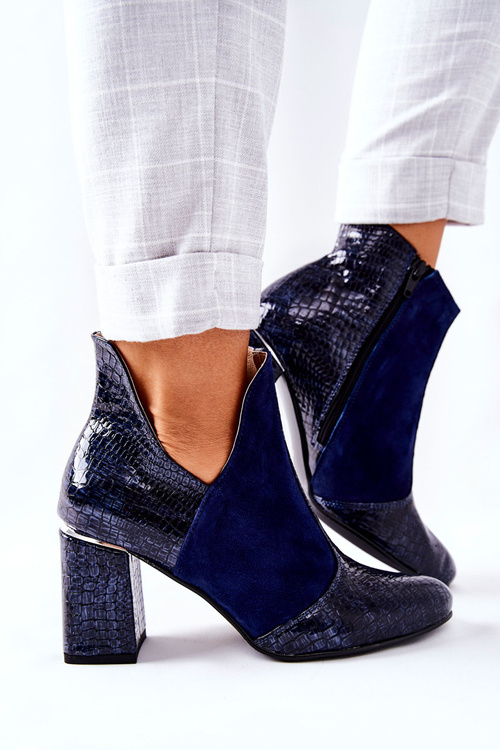 Damskie Skórzane Botki Na Słupku Granatowe I Wish