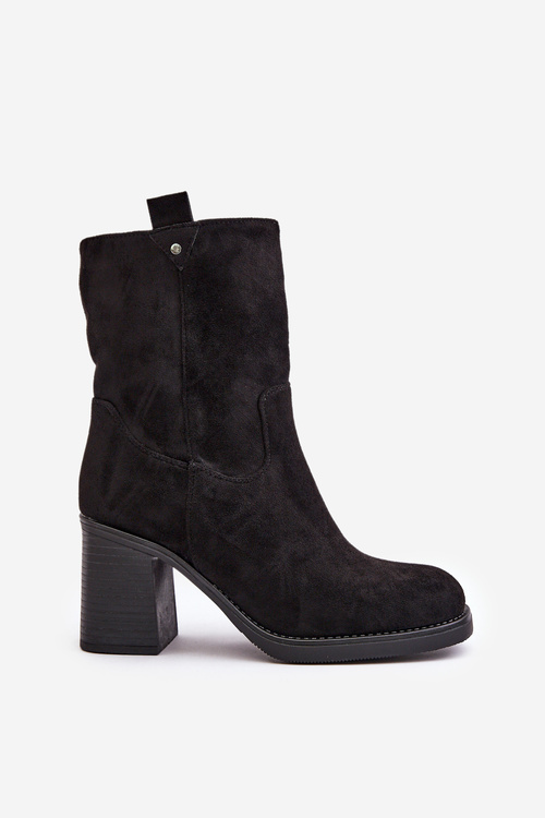 Botki Damskie Ocieplane Na Obcasie Słupku Eko Zamszowe Czarne Vellinga