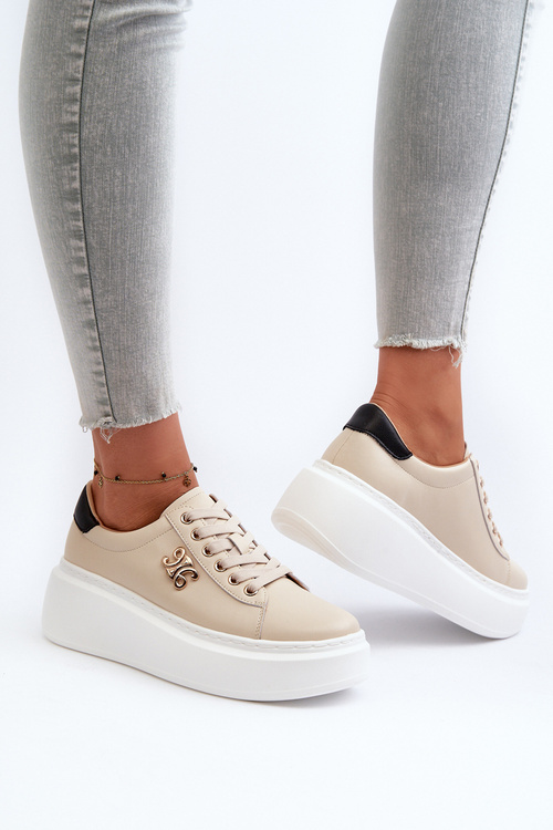 Skórzane Sneakersy Damskie Na Platformie Beżowe Pernalia
