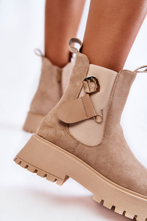 Zamszowe Ocieplane Botki Workery Ciemnobeżowe Magnis