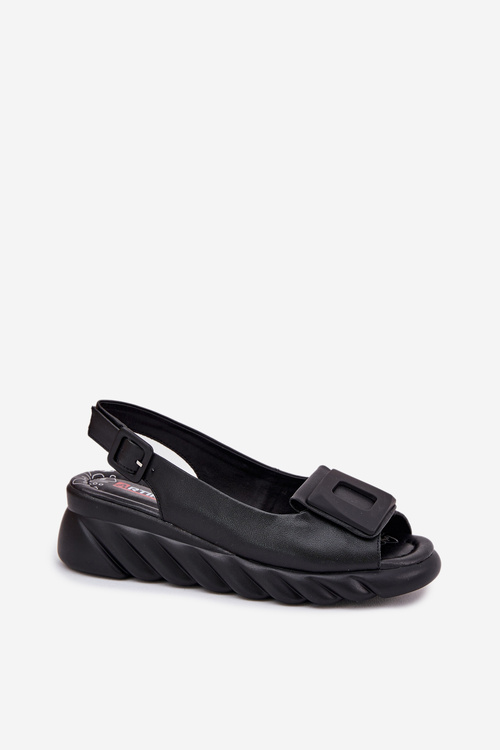 Skórzane Sandały Damskie Na Koturnie z Ozdobą Artiker 56C2156 Czarne