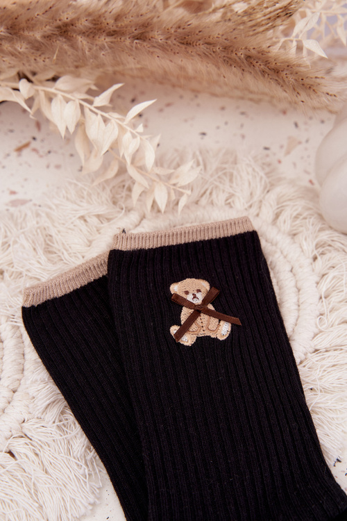 Bawełniane Skarpetki W Prążki Z Misiem Czarne