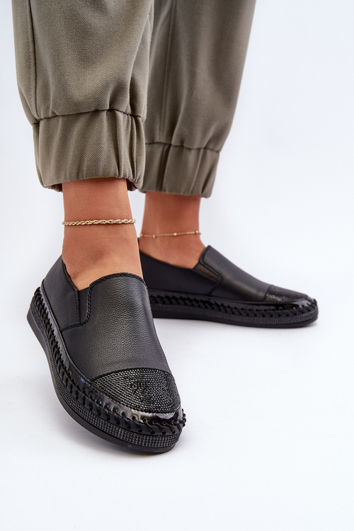 Skórzane Półbuty Damskie Na Platformie Czarne D&A LR370